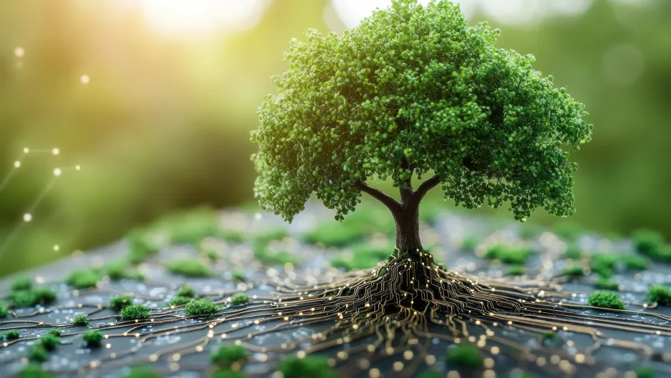KI-generiertes Bild mit einem Baum, der sowohl echte Wurzeln als auch beleuchtete Kabel als Wurzeln hat